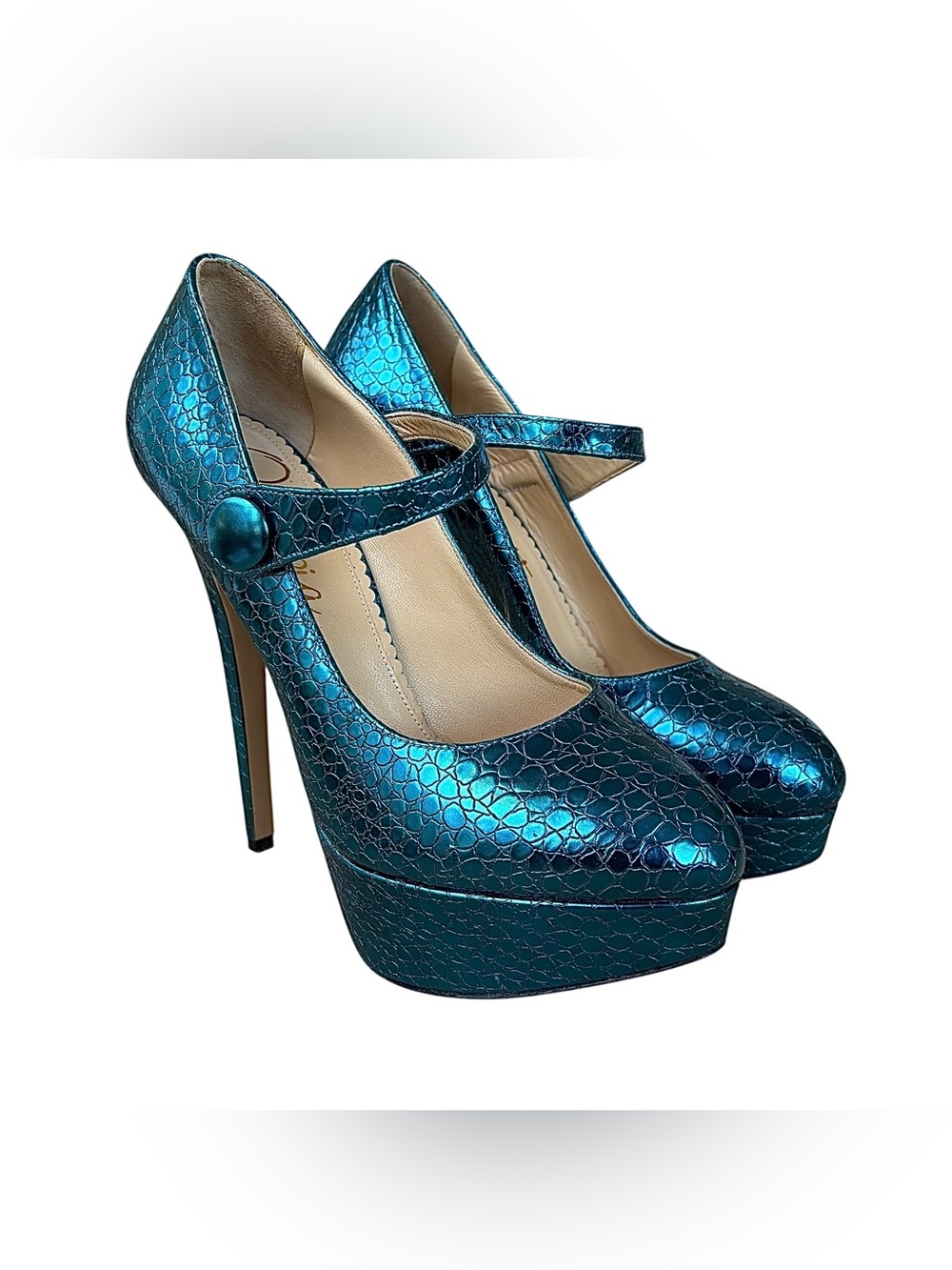 CHARLOTTE OLYMPIA Teal Embossed Leather Platform Mary Jane Heels